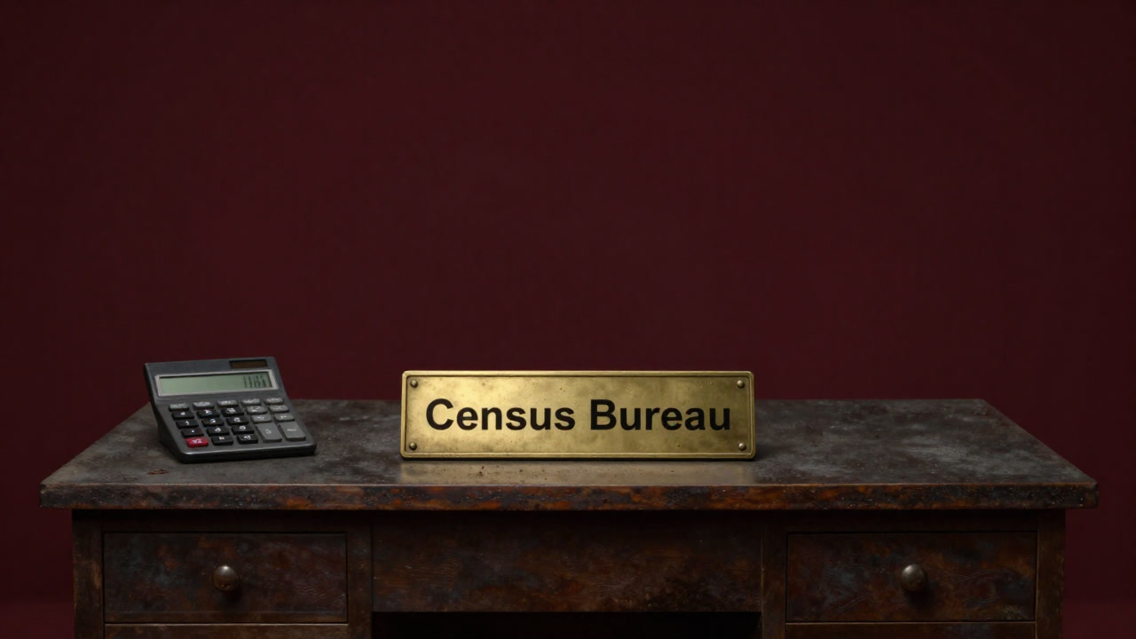 埃をかぶった机の上に置かれ、古めかしい電卓と共に崇められる統計局の看板の写真