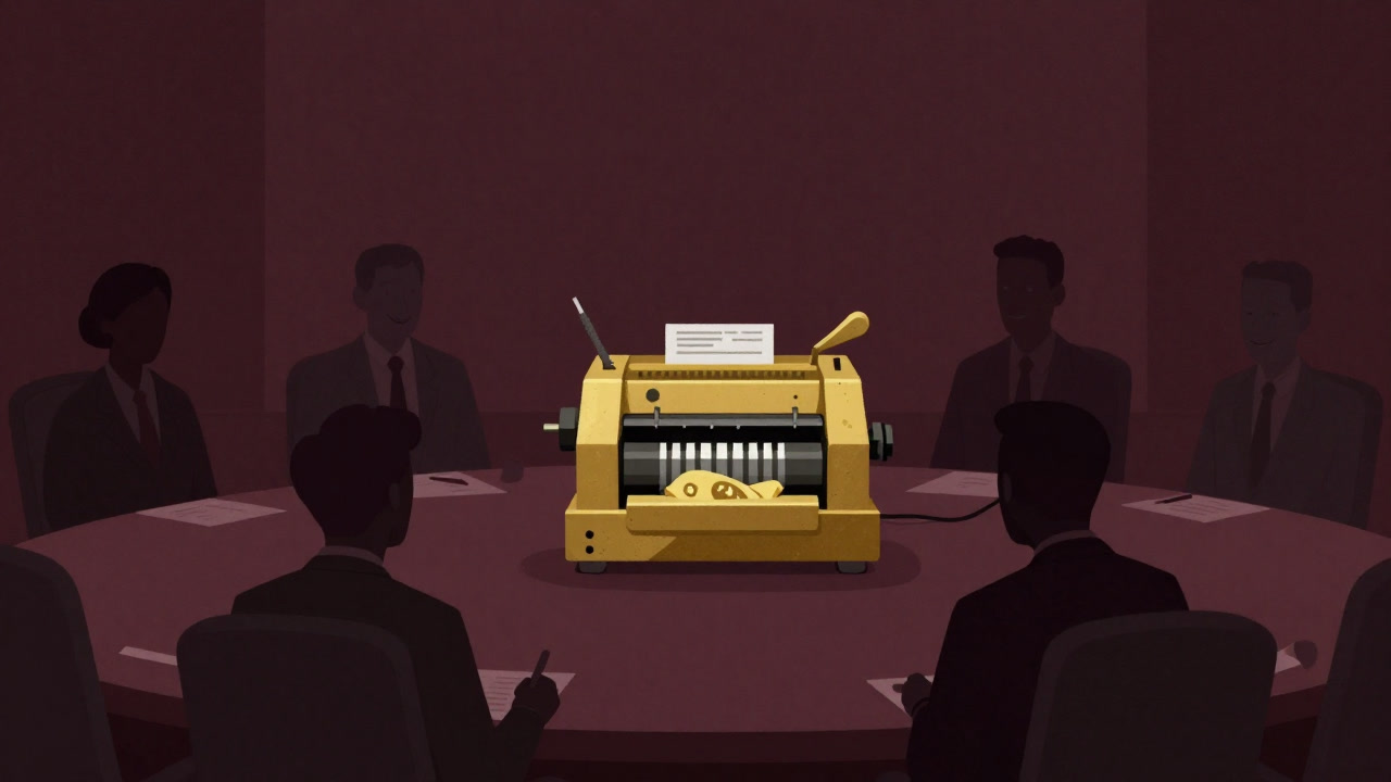 Silhouetted central bank executives smirking in a dim conference room surrounded by giant golden money-printing machines.