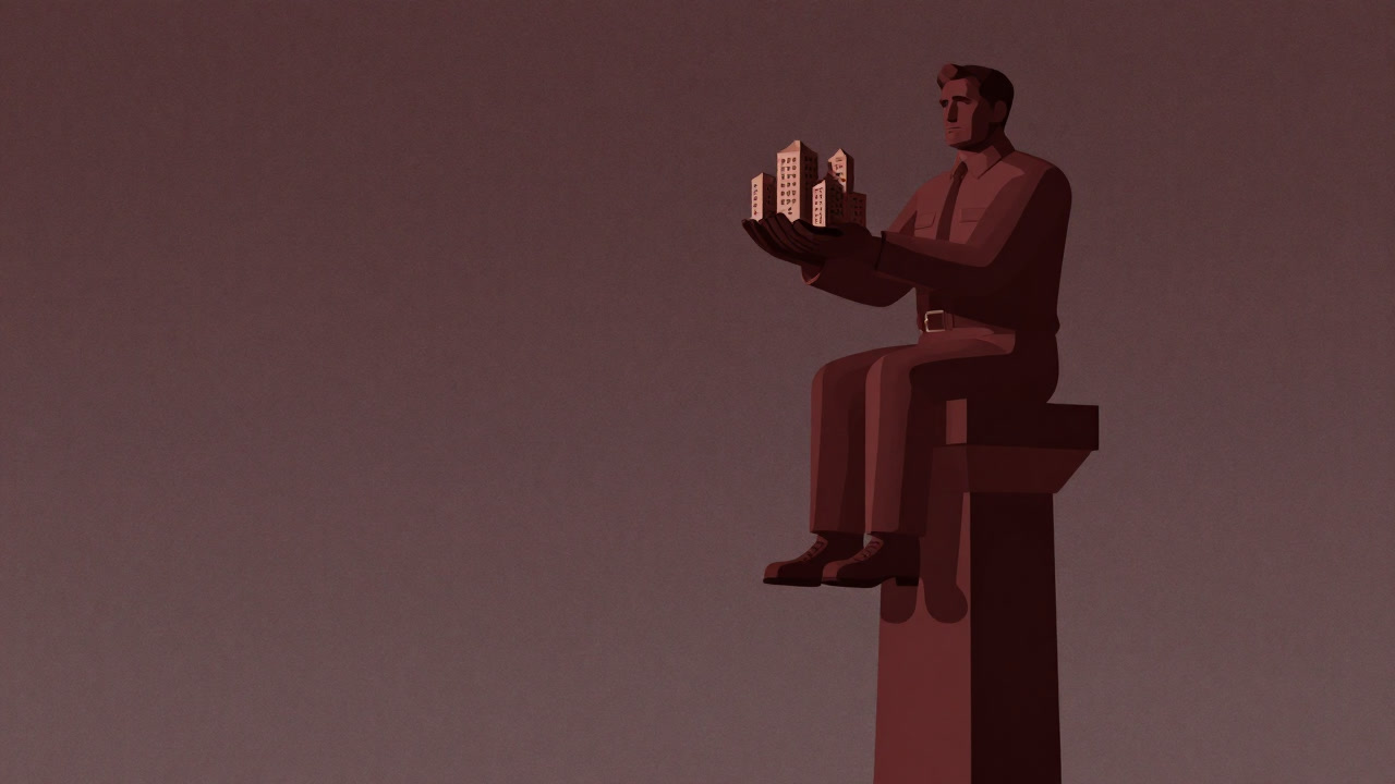 Statue of a giant bureaucrat seated atop a pillar, gripping tiny towns below with his arm.