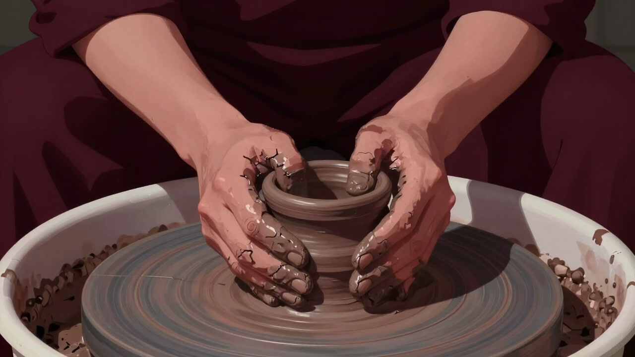 Close-up of a potter’s hands inspecting a delicate ceramic piece between clay and fire, afraid of cracks
