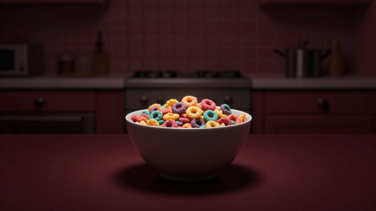 Photo of a colorful cereal bowl glowing ominously