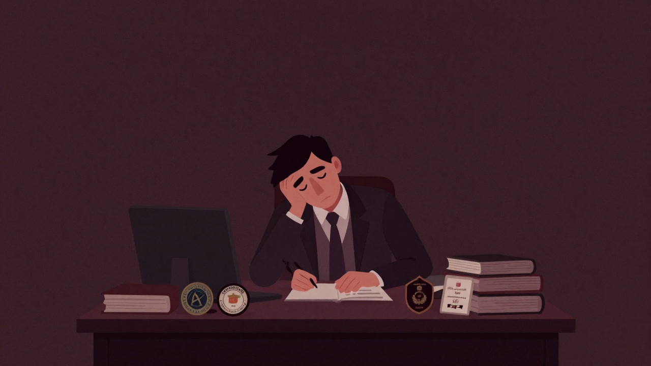 A person exhausted, staring at reference books on a desk scattered with certification badges