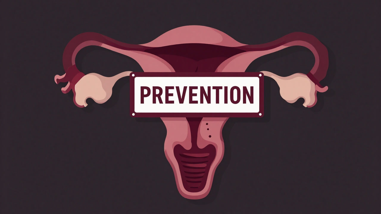 子宮頸部のイラストに警告サインが重なるダークな医療風イラスト