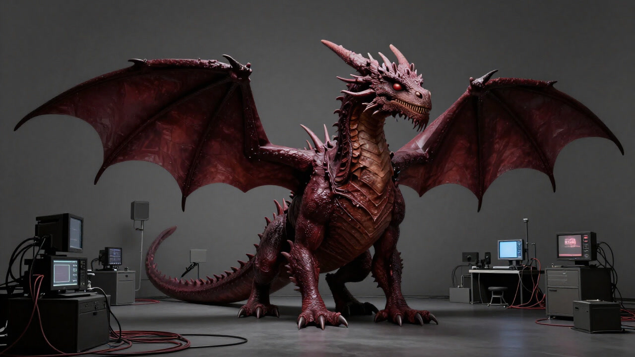 CGIで生み出された巨大なドラゴンがスタジオにそびえ立つ、現実と虚構の狭間を漂う映像
