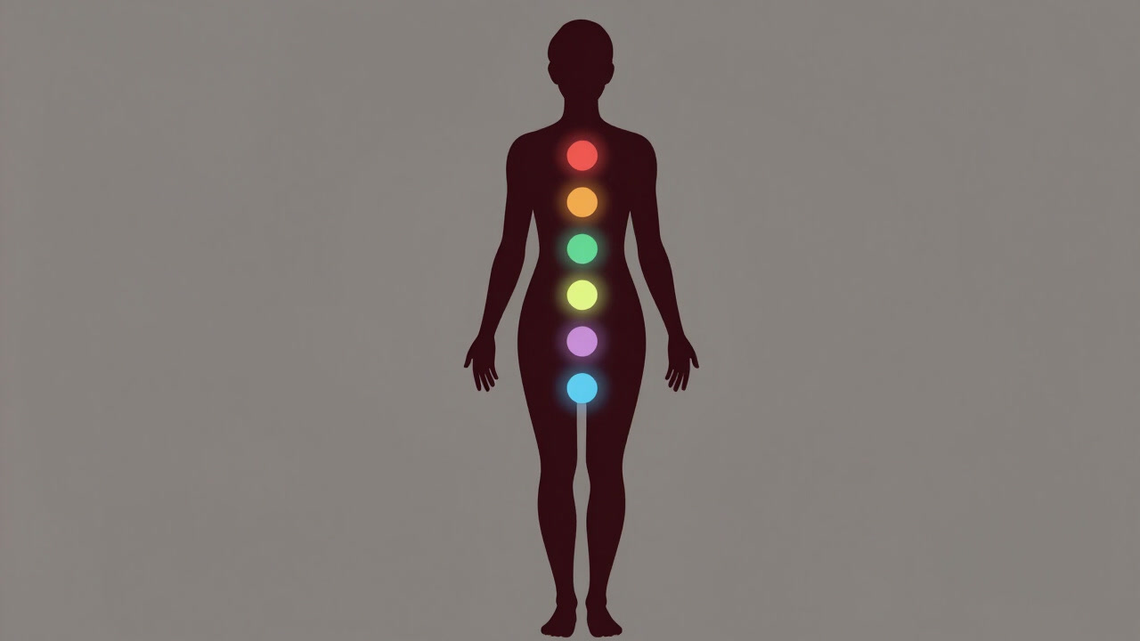 A suspiciously glowing humanoid silhouette with seven colored chakras