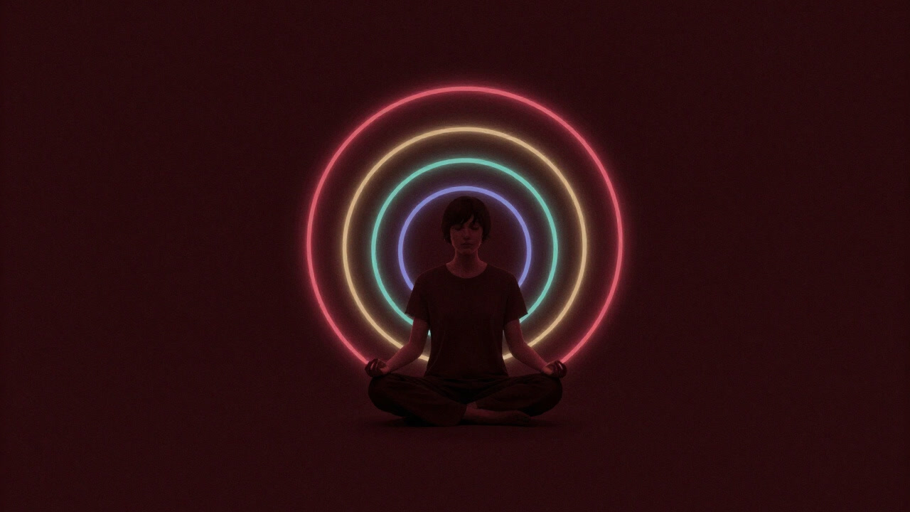 Illustration of a meditating person with seven colored light rings floating behind them