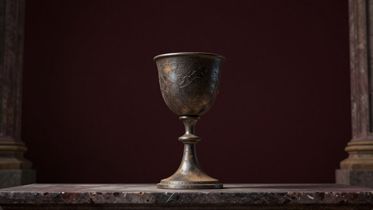 Photo of an ancient chapel altar with a dusty chalice placed solemnly.