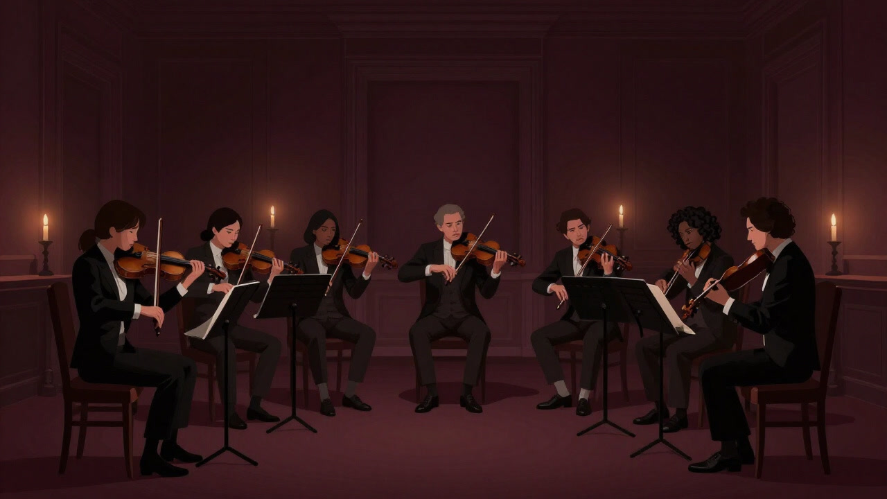 ろうそくの明かりが揺れる密室で、弦楽四重奏が重苦しい緊張感をまとって演奏する場面の画像