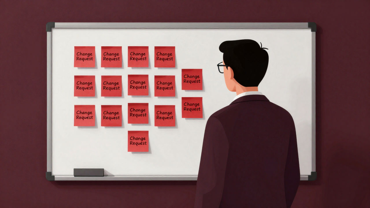 Project manager standing in front of a whiteboard covered in red sticky notes labeled 'Change Request', looking stunned