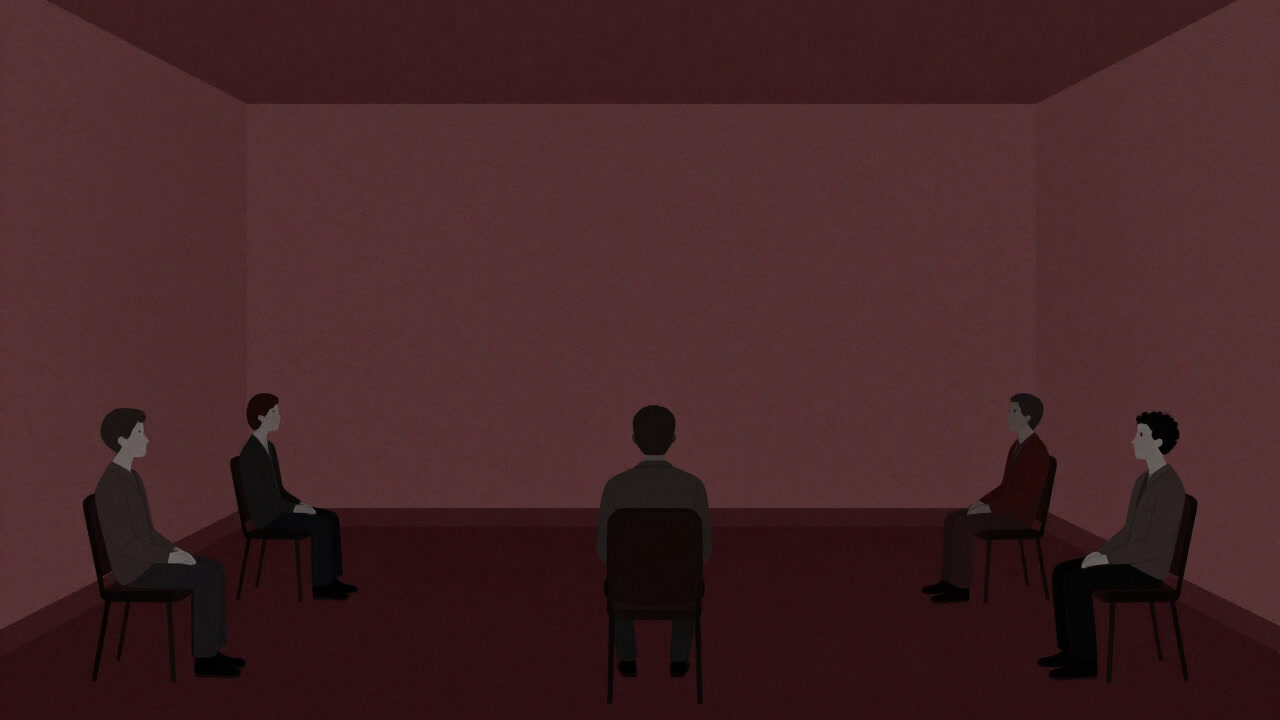 A group of people in a room, staring into the air in silent nodding ceremony, no speakers or equipment visible