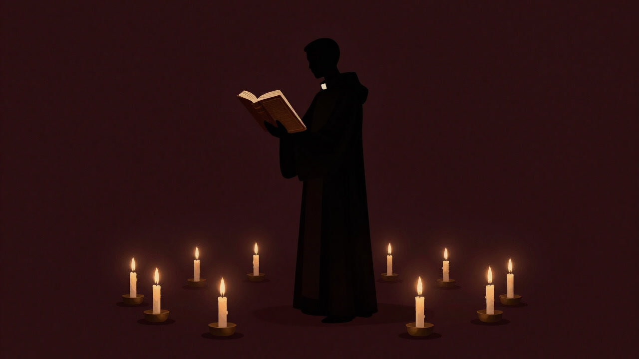ロウソクの灯火を背景に古代の書物を手に高らかに詠唱する司祭のシルエット