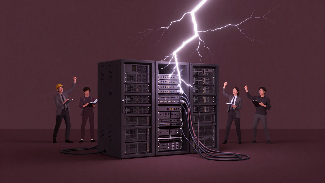 Illustration of a messy server rack struck by lightning while engineers cheer wildly