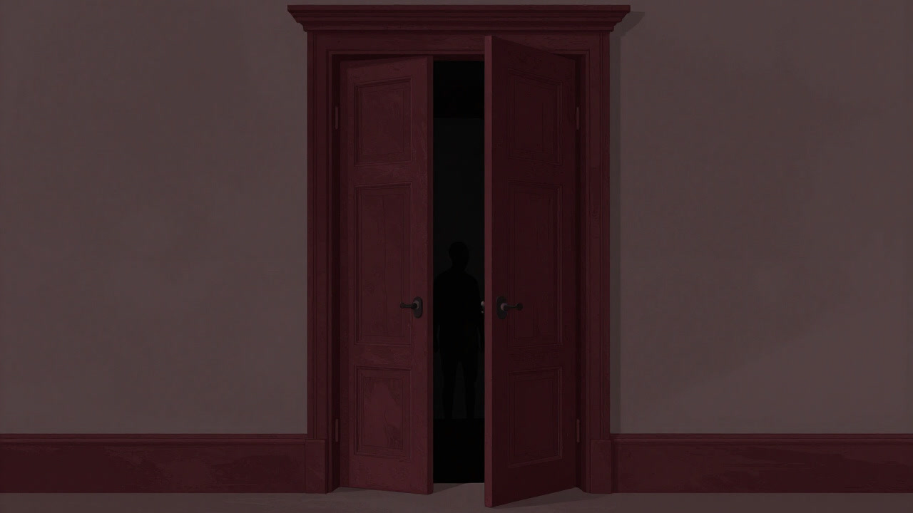The dim entrance of a room with only silhouettes visible beyond heavy old doors