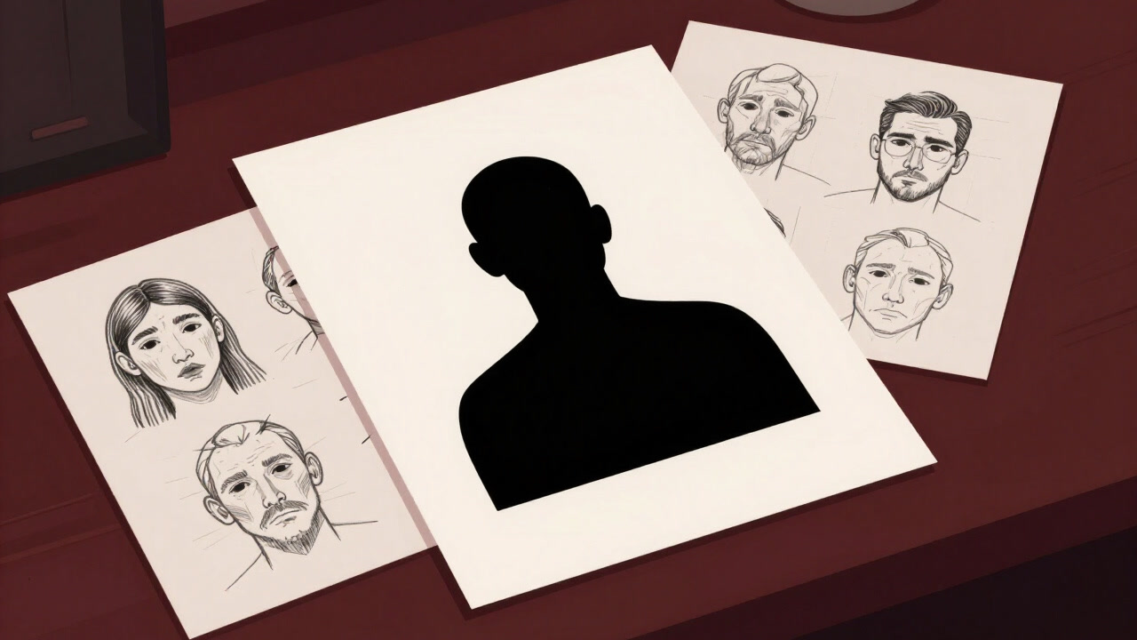 Image of a designer’s desk cluttered with rough sketches and a character profile showing only a black silhouette