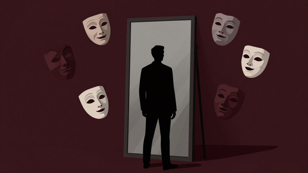 Silhouette of a person standing before a mirror, trying on different masks representing various personalities.