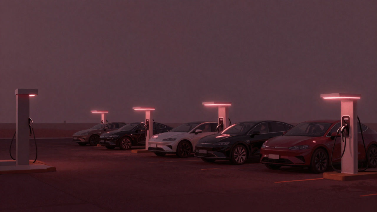 夕暮れ時の充電スタンドに並ぶ車列のシルエット。電飾と待ち行列が交錯する光景