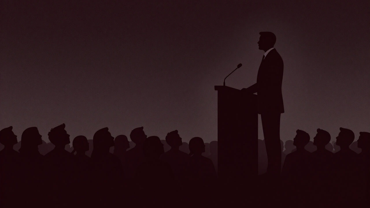 Silhouette of a crowd looking up at a pointing leader on a podium