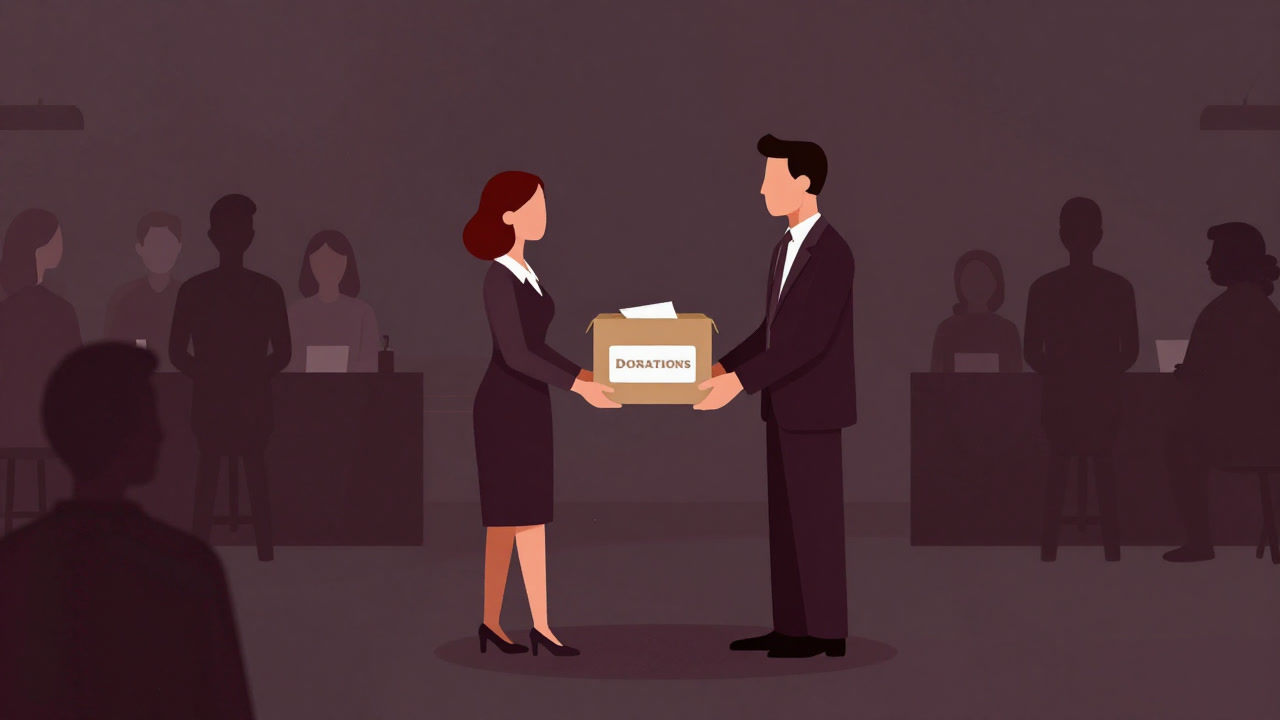 Illustration of a smiling couple holding a donation box amidst a crowd on a charity date.