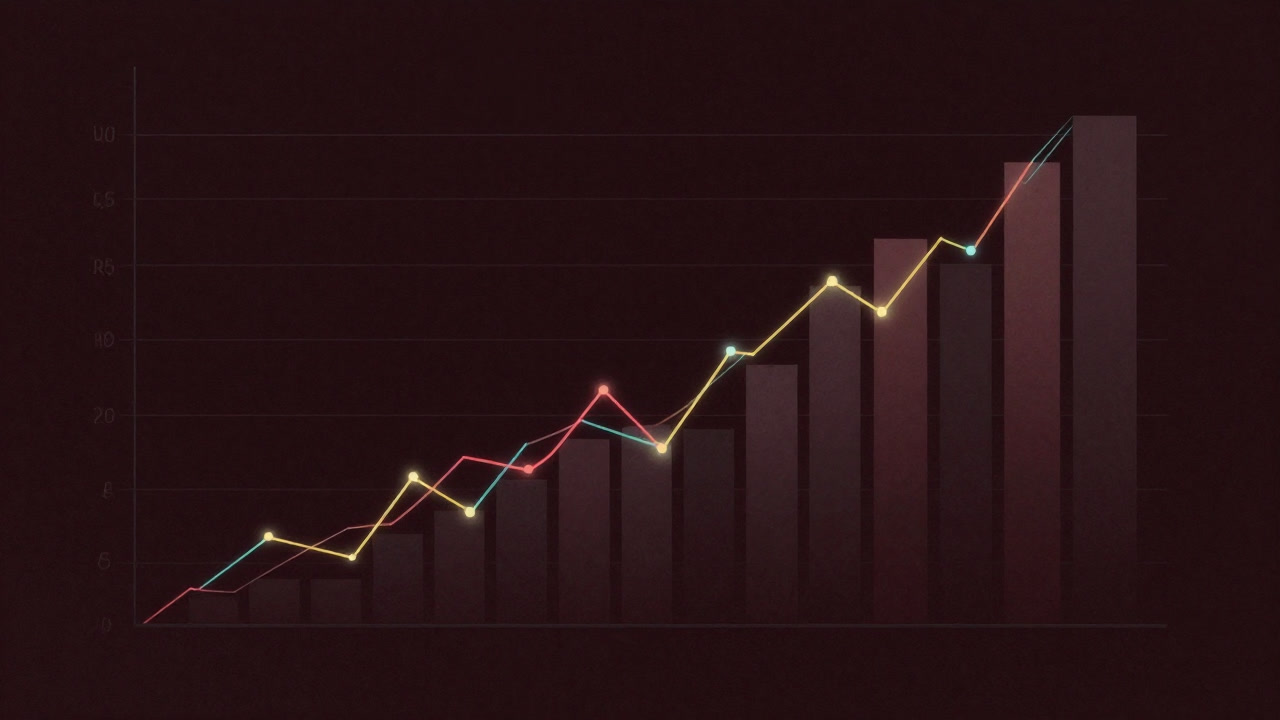 An ominous chart with vivid bar and line graphs glowing in darkness