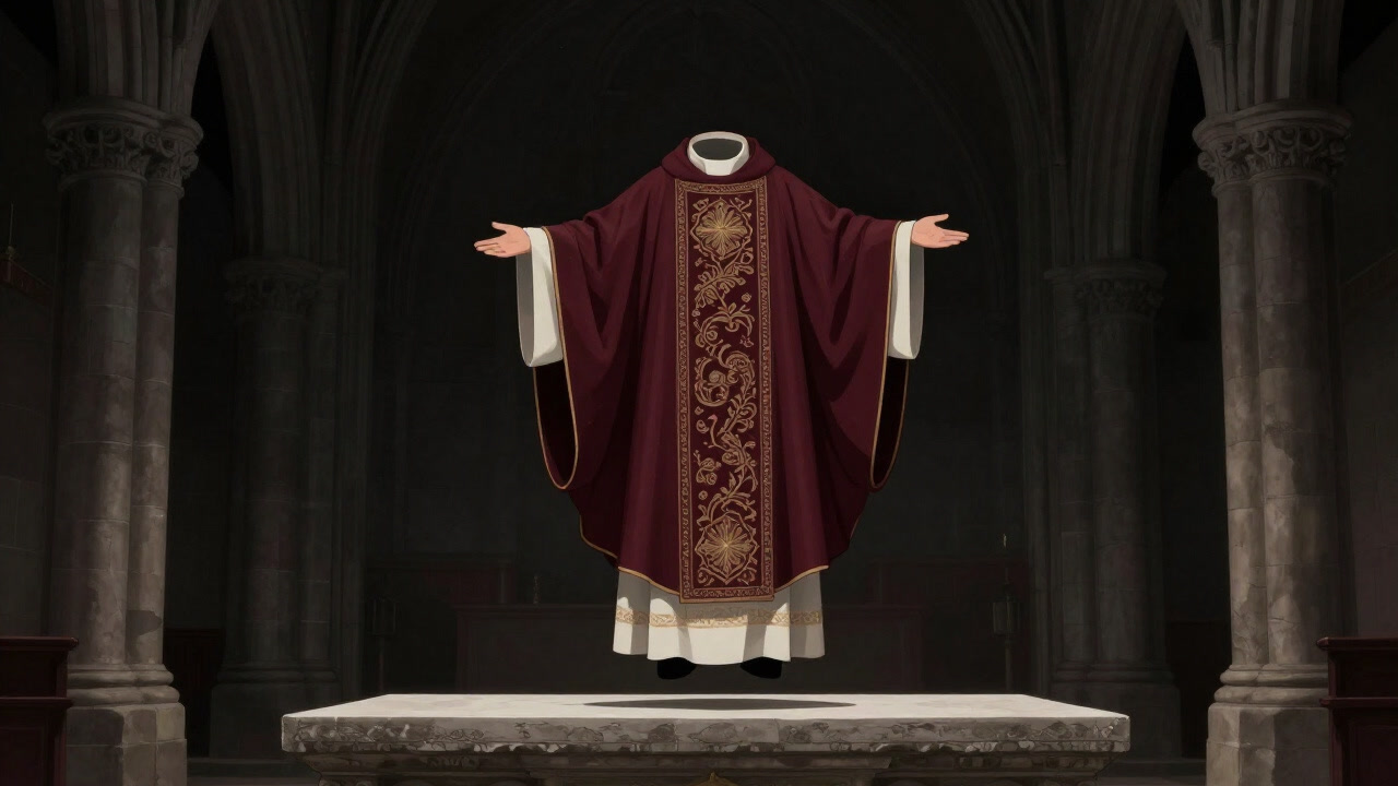 A richly embroidered chasuble billowing in the wind above the altar, standing out prominently.