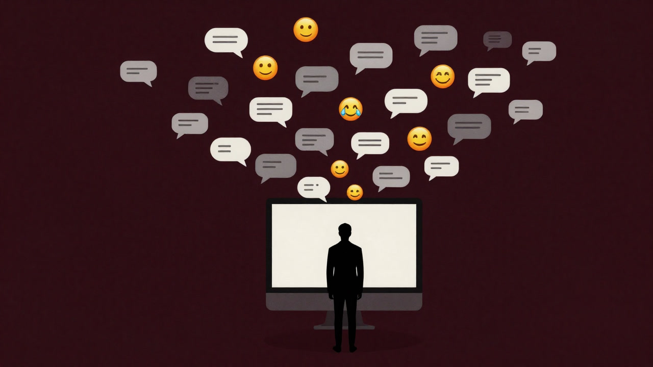 A silhouette staring in bewilderment at a storm of chat bubbles and emojis flooding a computer screen.