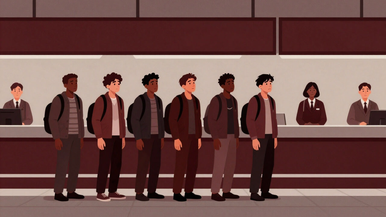 チェックインカウンターの前で列に並びながら、不安と期待に胸を膨らませる旅行者と無表情なスタッフのシーン