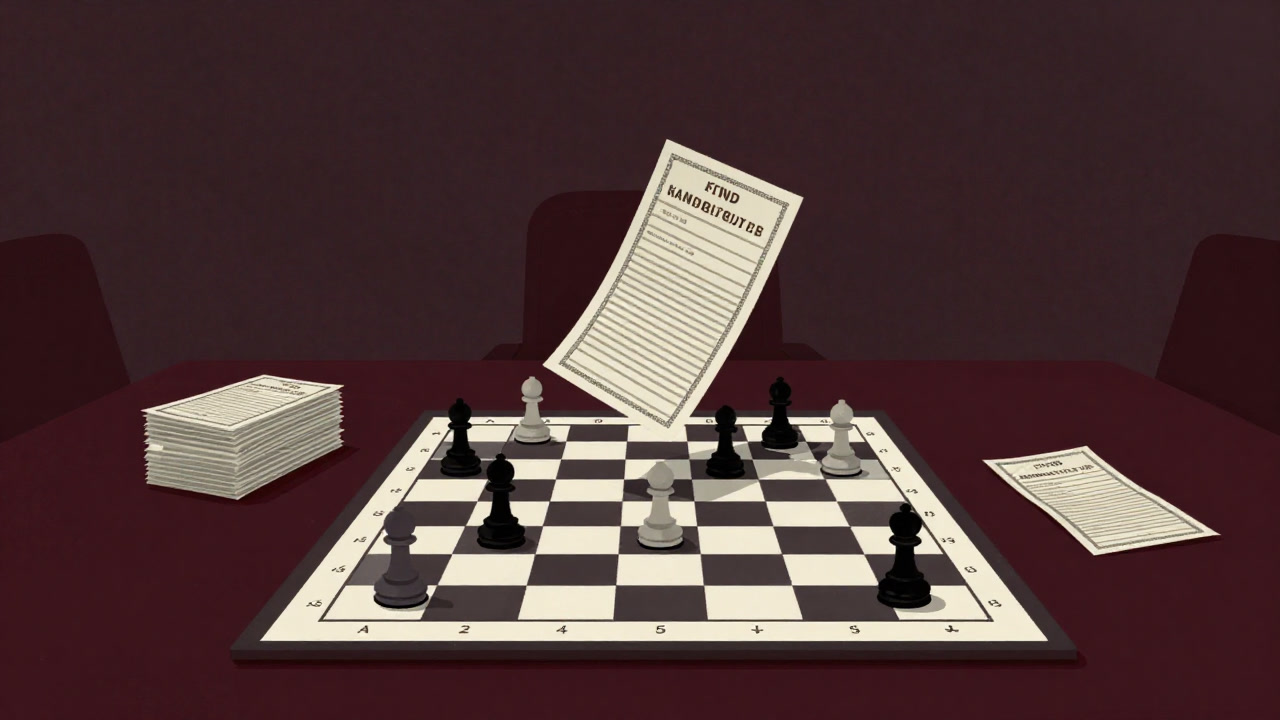 Silhouette of a corporate officer staring at piles of checks at a bank counter with penalty invoices glinting in the distance