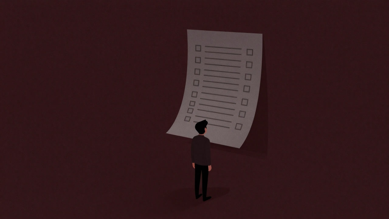 Image of a human silhouette staring blankly at a paper covered in countless checkboxes