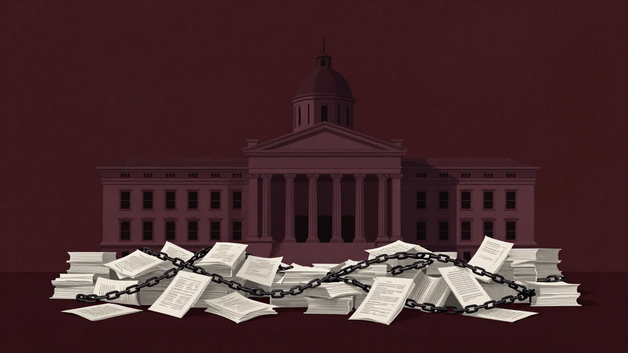 Illustration of a parliament buried under mountains of legal documents and bound by heavy chains.