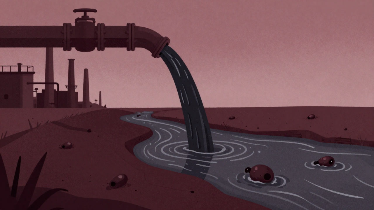 工場の配管から黒い化学物質が川に流れ込み、周囲の自然が静かに汚染される風景のイラスト