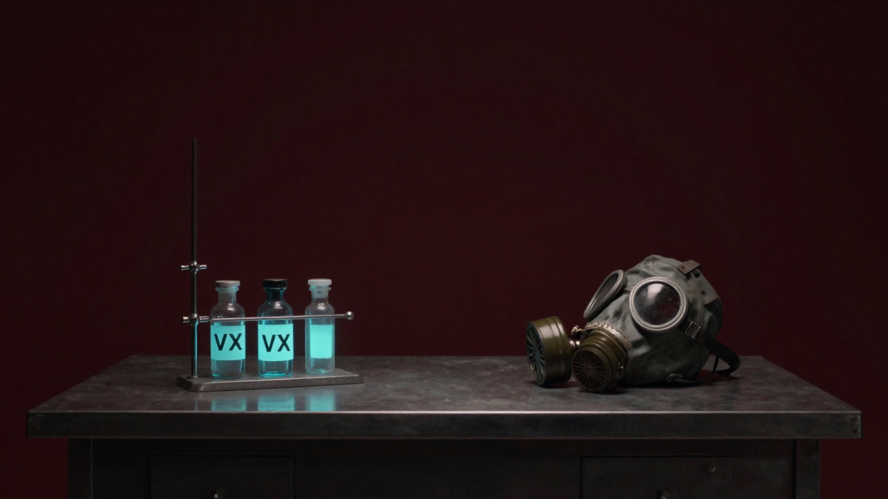暗い実験室のテーブルに並べられた毒性ビンとガスマスクの装置が不吉な雰囲気を醸し出す画像