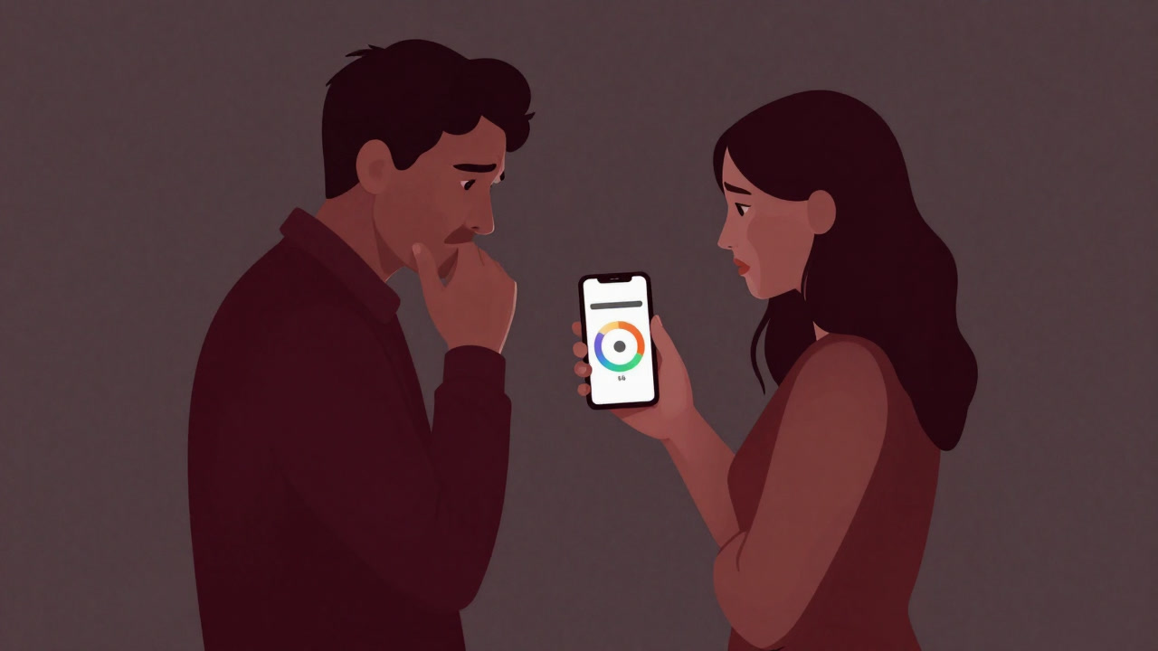 Illustration of a couple anxiously looking at a percentage meter displayed on a smartphone screen