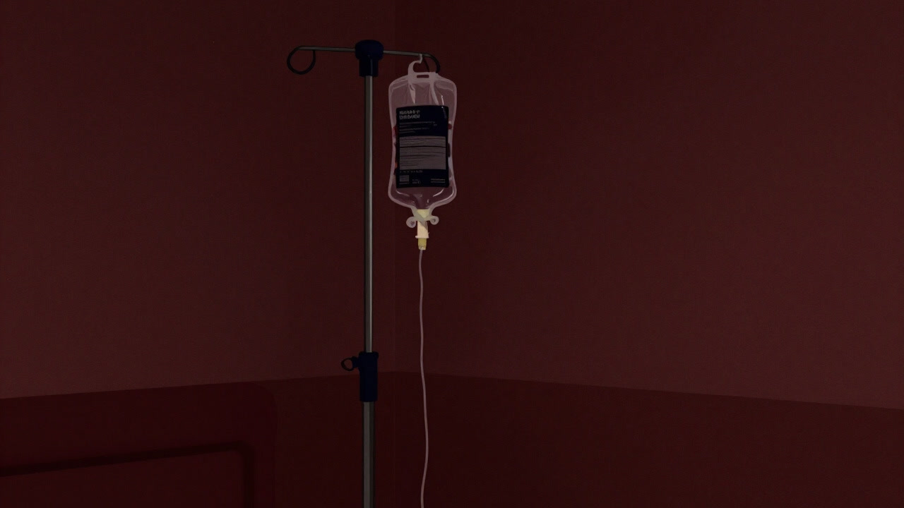 Illustration of a dim corner in a hospital ward, a chemotherapy IV bag ominously swinging from a drip stand.