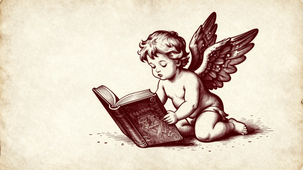 An illustration of a cherub with wings spread, reading a book on an ancient manuscript page.