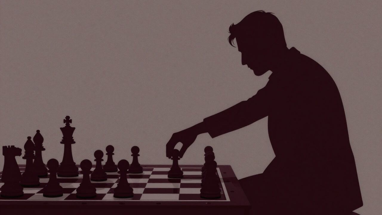 Silhouette of a player moving chess pieces like a battlefield commander on a chessboard