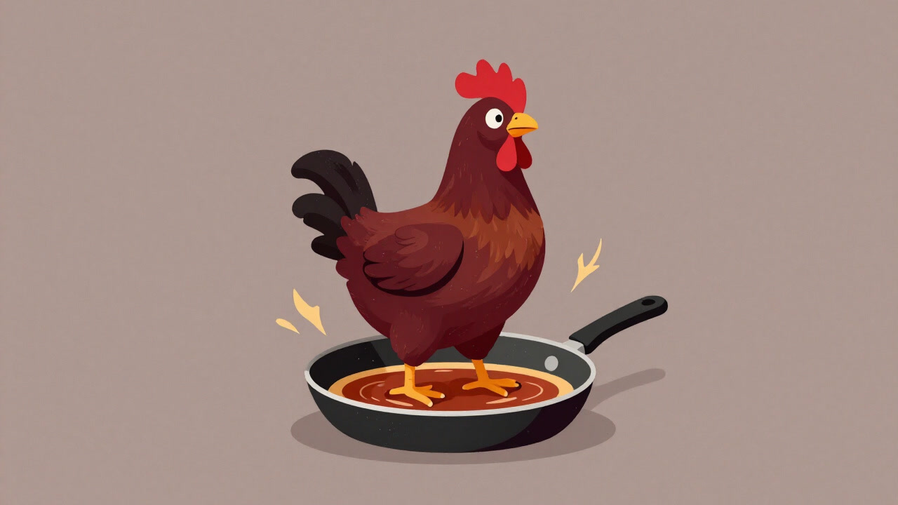 フライパンの上で油を浴びながら軽快に踊るチキンのイラスト