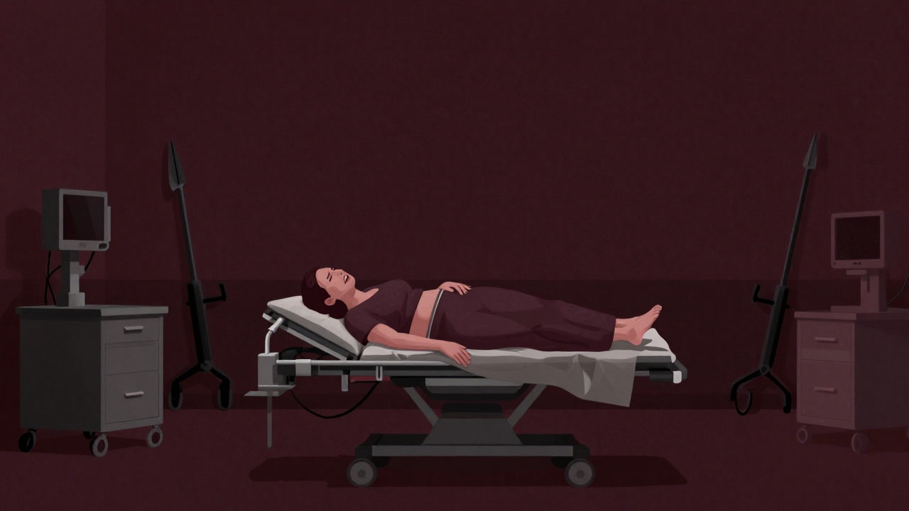 暗い分娩室で苦悶の表情を浮かべる母親と、まるで戦場のような医療器具群の画像