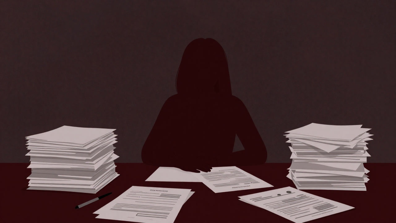 A tired silhouette of a parent buried under a mountain of paperwork, gazing into the distance.