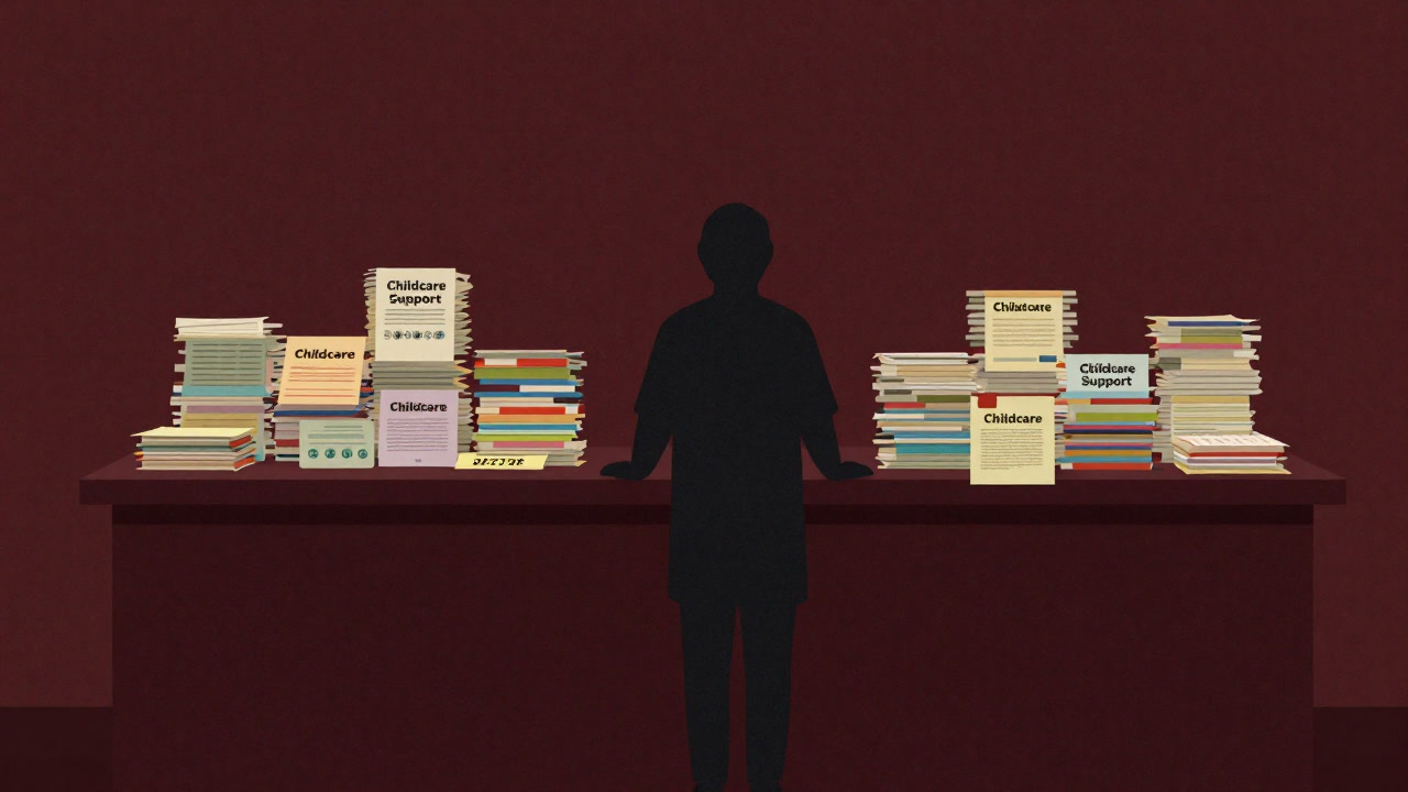 子育て支援の書類が山積みになった窓口で呆然と立ち尽くす親のシルエット