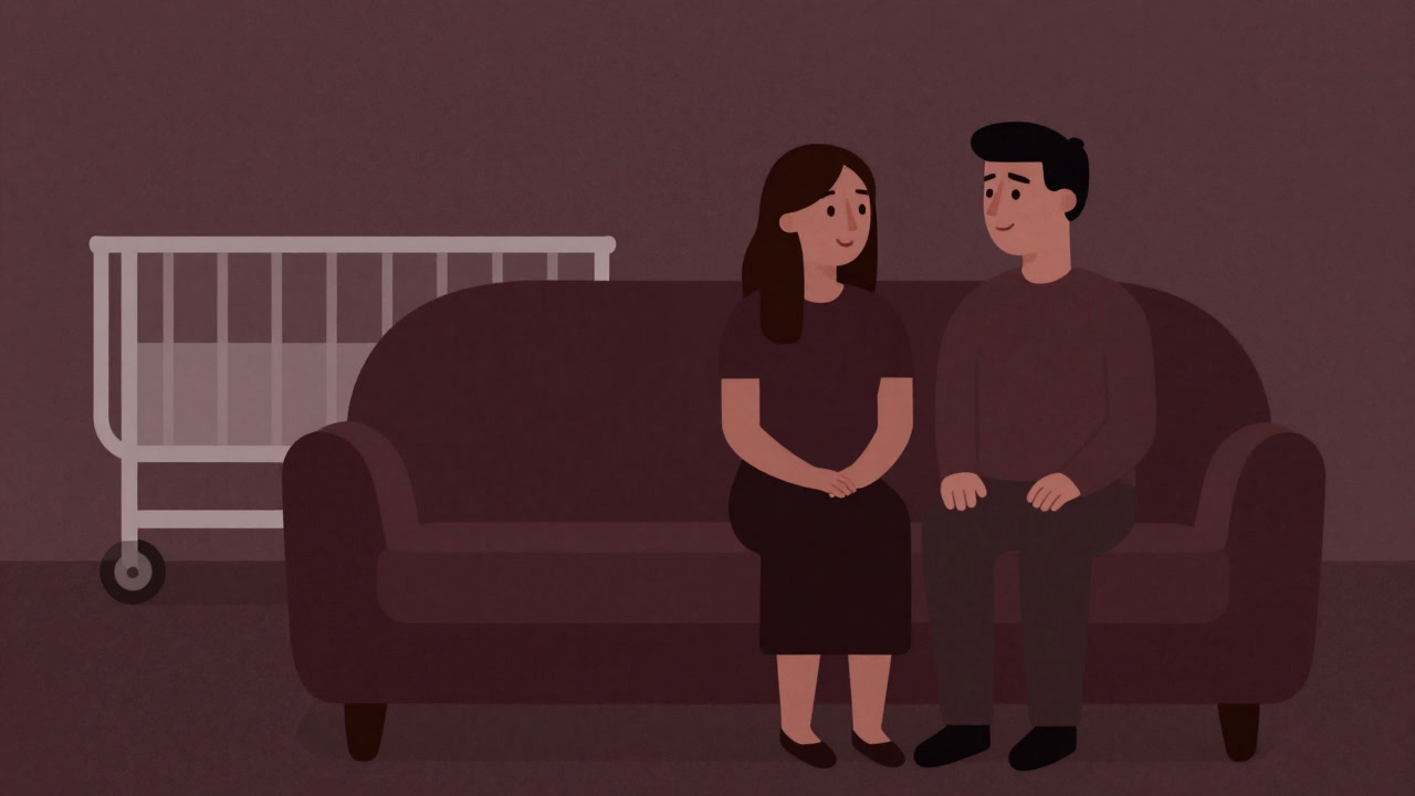 空のベビーベッドを背景に、ソファで微笑む夫婦のシルエットのイラスト