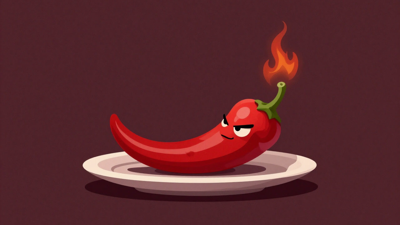 An illustration of bright red chili peppers on a plate mischievously staring as if about to breathe fire.