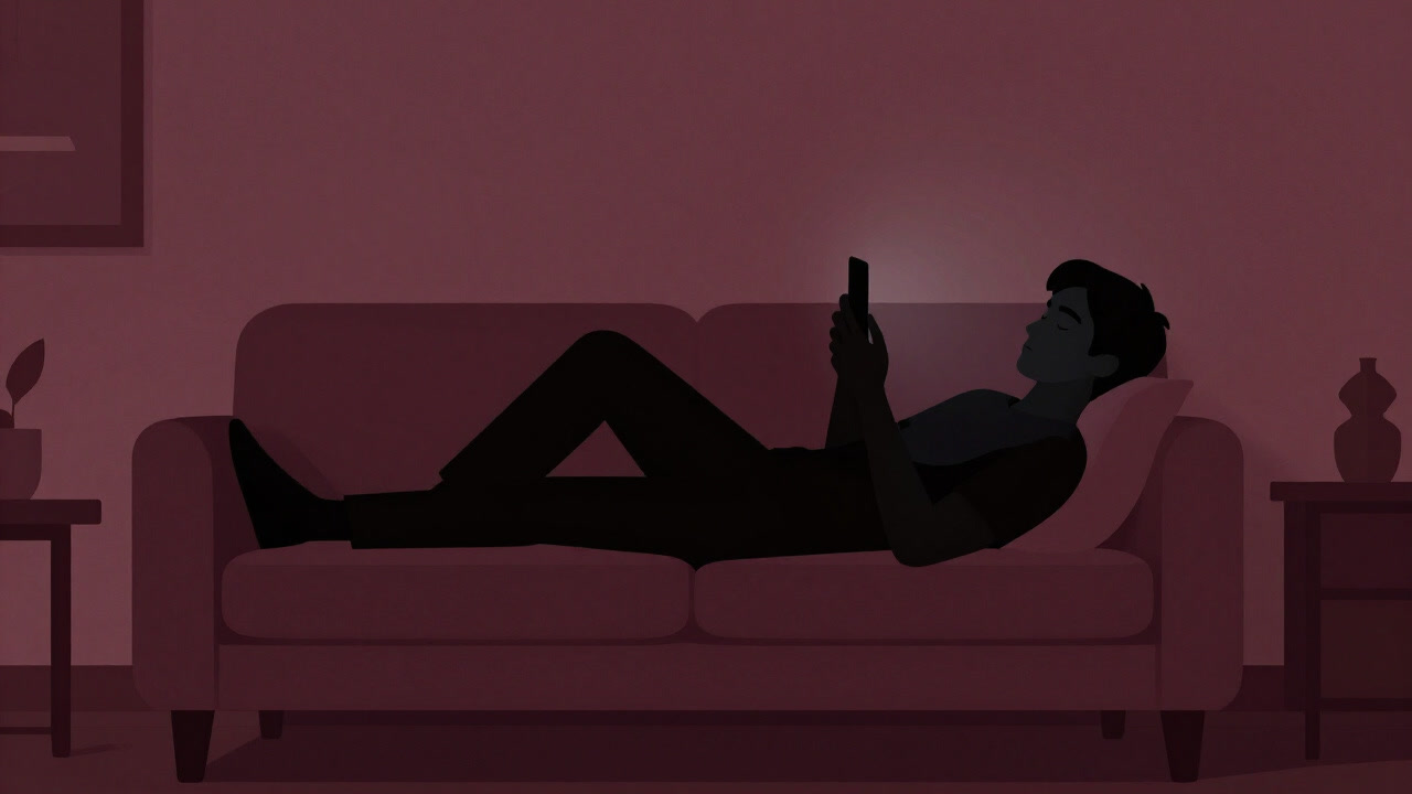 ソファに寝そべりスマホを手放せず、目だけを閉じて休もうとする人物のシルエット