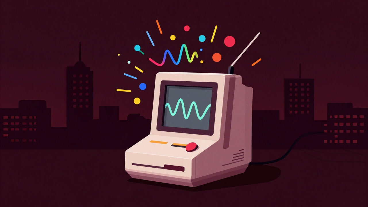 An image of countless beeps pouring from an old game console sound chip echoing through a night cityscape