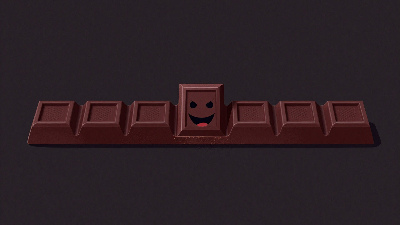 Illustration of rows of chocolate pieces with one piece wearing a mischievous smile.
