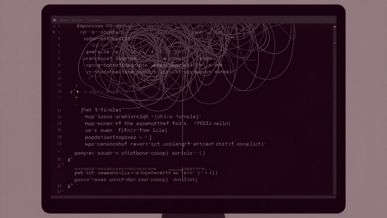 A dark screen filled with tangled, unreadable code fragments swirling like boiling spaghetti