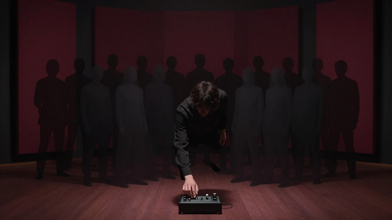 Illustration of a musician stomping a pedal in a dark studio, summoning an imaginary chorus.