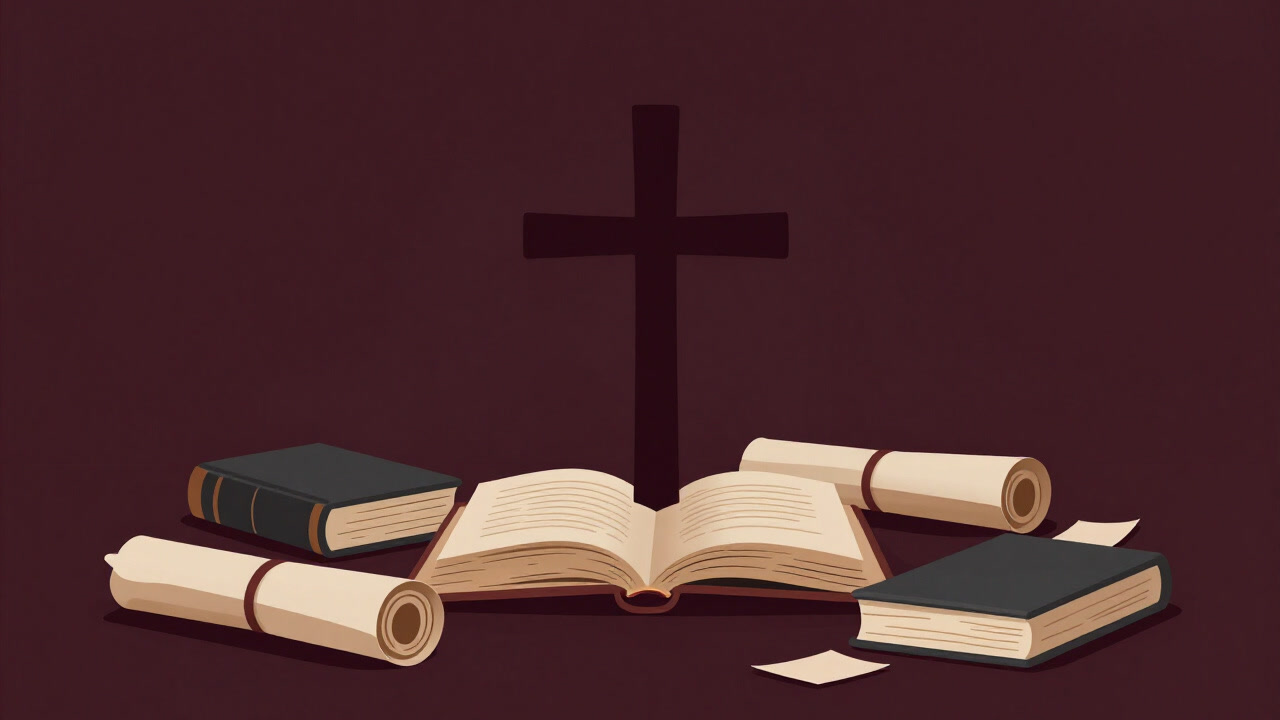 古い巻物と洋書の間で浮かび上がる十字架の象徴的シルエット