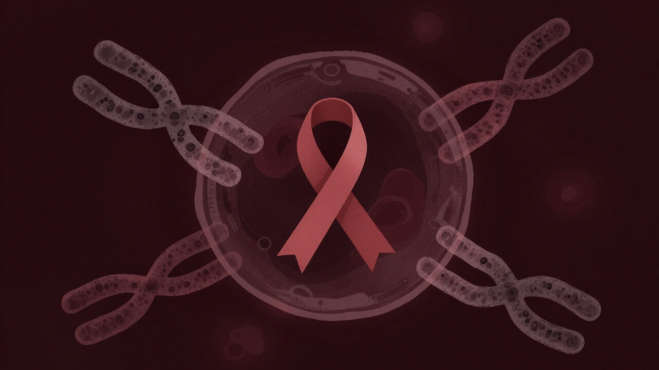 細胞核の中でひらひらとしたリボン状の染色体が浮かぶイラスト