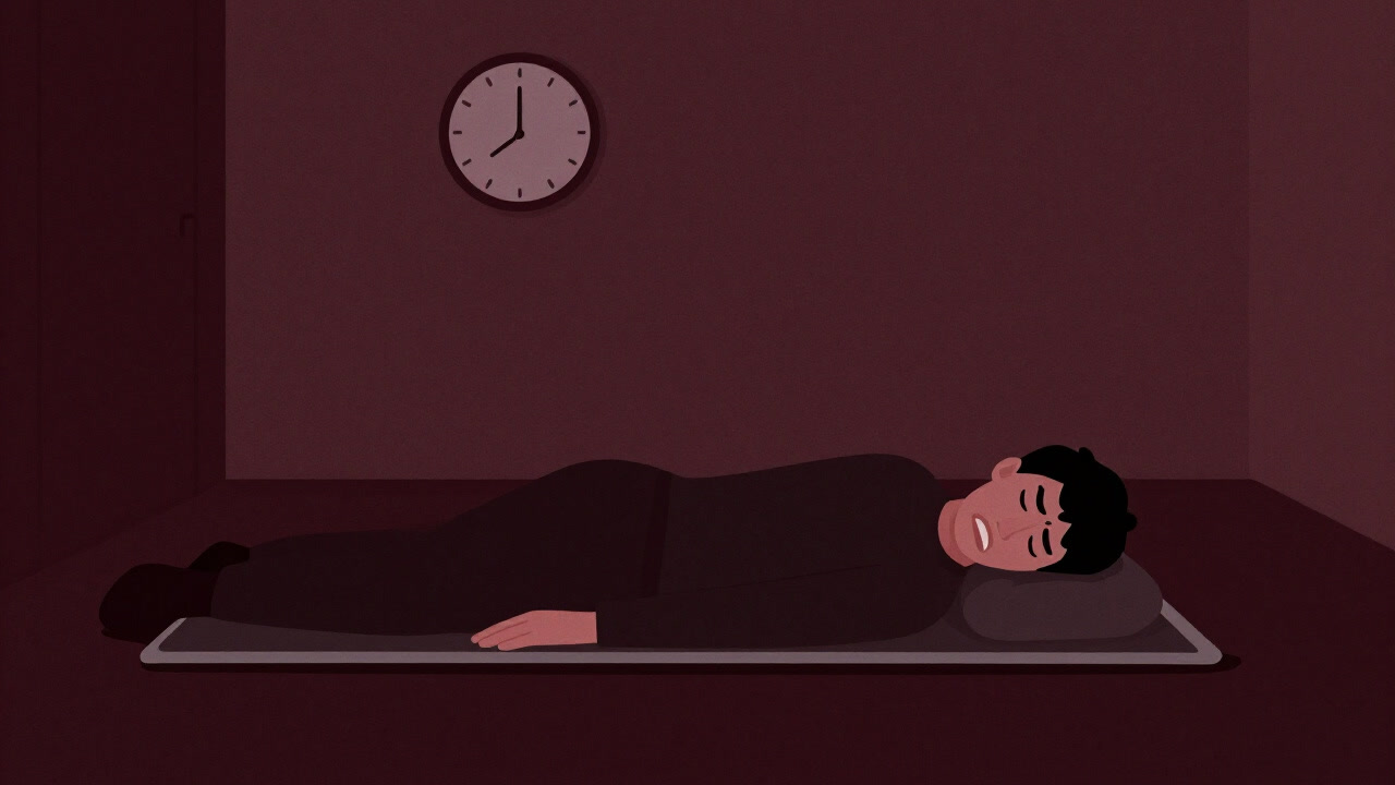 暗い部屋で患者が苦悶しながら暖かい電気マットの上に横たわり、背景に時計が無情に回る様子