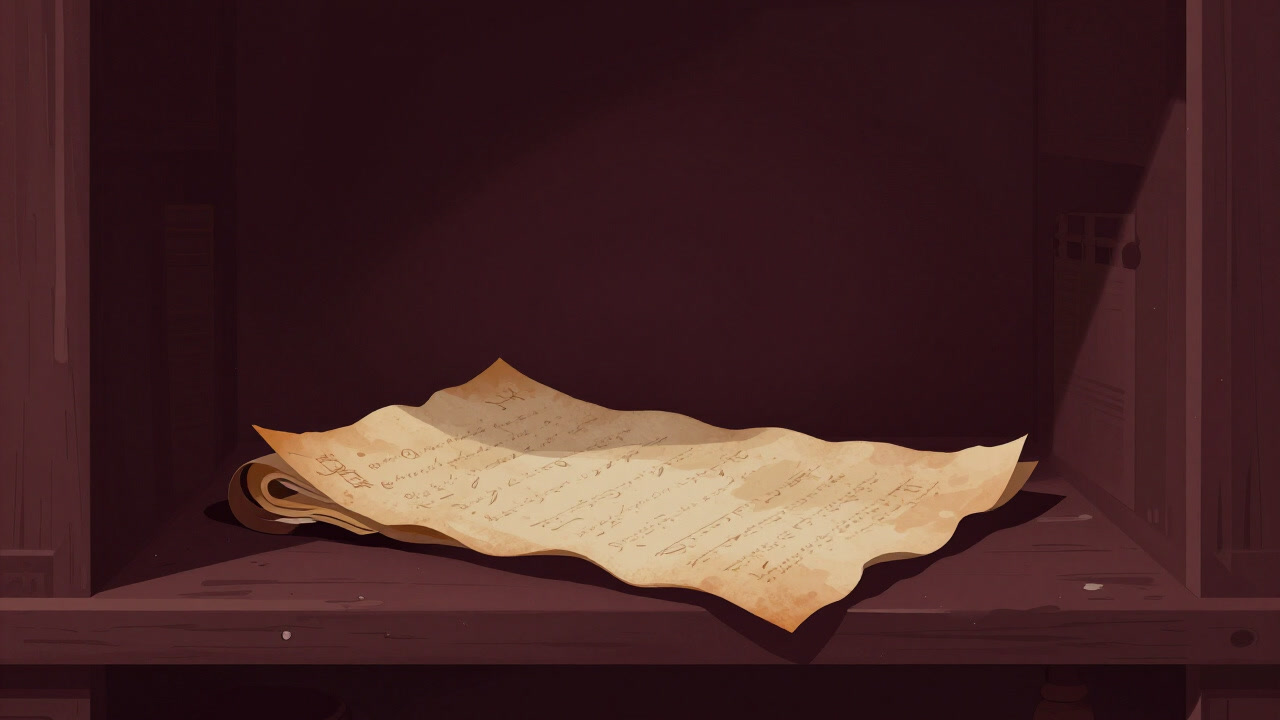 Illustration of an ancient chronicle written on old parchment, quietly claiming its presence on a dusty shelf.